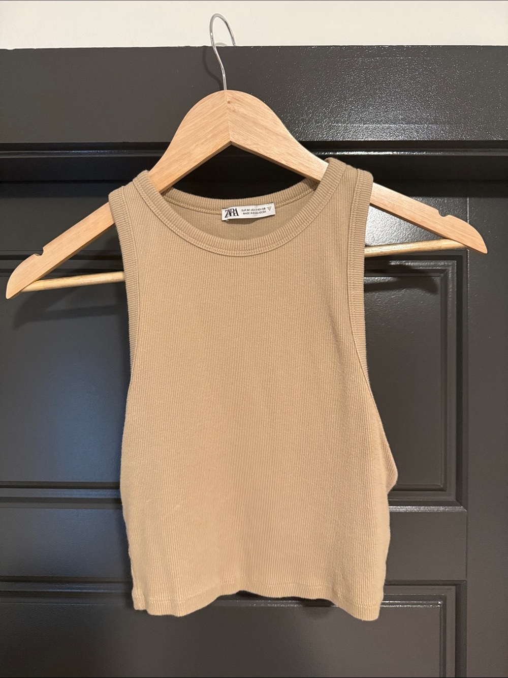 Zara Beige Ribbed Cropped Tank - Sleeveless High Neck